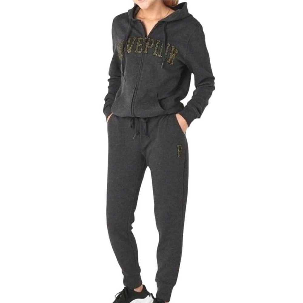 VICTORIA'S SECRET XL Gray Gold Love Pink Perfect Hoodie Joggers Set Tracksuit